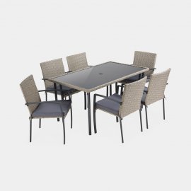 Set de exterior cu masa si 6 scaune VonHaus 2500974, cu aspect de ratan, din polietilena, blat din sticla temperata, capacitate maxima 150 kg