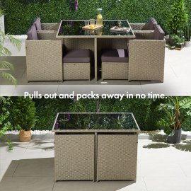 Set de luat masa in gradina, din 9 piese, o masa, 4 scaune si 4 tabureti VonHaus 2500977, cu aspect din ratan, cadru din otel, maro