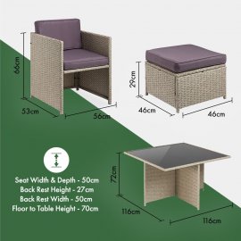 Set de luat masa in gradina, din 9 piese, o masa, 4 scaune si 4 tabureti VonHaus 2500977, cu aspect din ratan, cadru din otel, maro