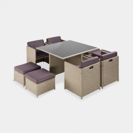 Set de luat masa in gradina, din 9 piese, o masa, 4 scaune si 4 tabureti VonHaus 2500977, cu aspect din ratan, cadru din otel, maro