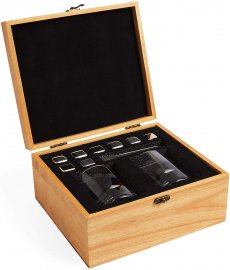 Set de whisky cadou, VonShef 1000320 cu cutie din lemn, 2 pahare de sticla, clesti de gheata si 8 cuburi de gheata din otel inoxidabil