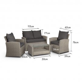 Set mobilier de gradina cu 2 fotolii, canapea si masa VonHaus 2500311, cu aspect de ratan, culoare gri