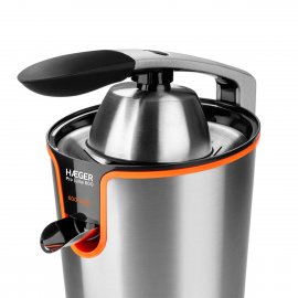 Storcator Electric Citrice si Rodii HAEGER PRO JUICE Automat, Putere Foarte Mare de 600W, Sita din Inox, Turnare Direct in cana, Corp Inox, 2 Conuri, Antipicurare, CJ-600.007A