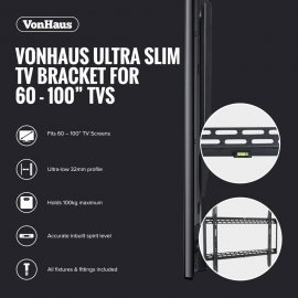 Suport fix de perete pentru TV VonHaus 3005092, capacitate maxima 100kg, diagonala 60-100 inch