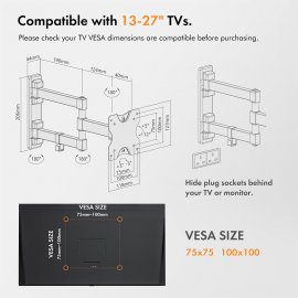 Suport inclinat TV, cu pivot, VonHaus 3000245, capacitate 35 kg, diagonala 13-27 inch, din otel, negru