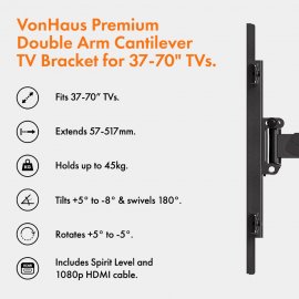 Suport inclinat TV, cu pivot VonHaus 3000296, diagonala 37-70 inch, capacitate maxima 45 kg, cu HDMI, kit de suruburi incluse