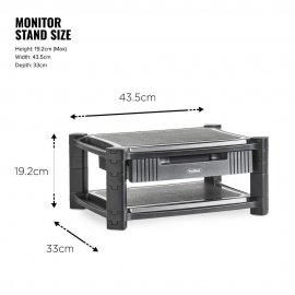 Suport pentru monitor, cu sertar VonHaus 3000477, 2 rafturi, din plastic, inaltime reglabila, 19.5x 43.5 cm, picioare antiderapante, negru, capacitate maxima 10 kg per raft