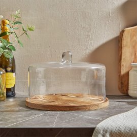Suport pentru prajituri si tort din lemn cu capac de sticla VonShef 1000336, diametru suport 31 cm