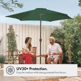 	  Umbrela pentru gradina cu baza de 12 kg VonHaus 2500157, cu manivela, copertina din poliester, inclinabila, 240x270cm, verde inchis